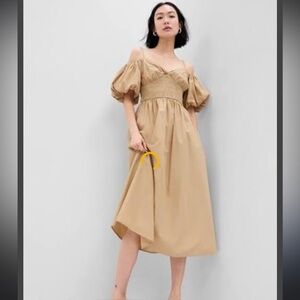 SOLD GAP tan off the shoulder midi puff sleeve dress